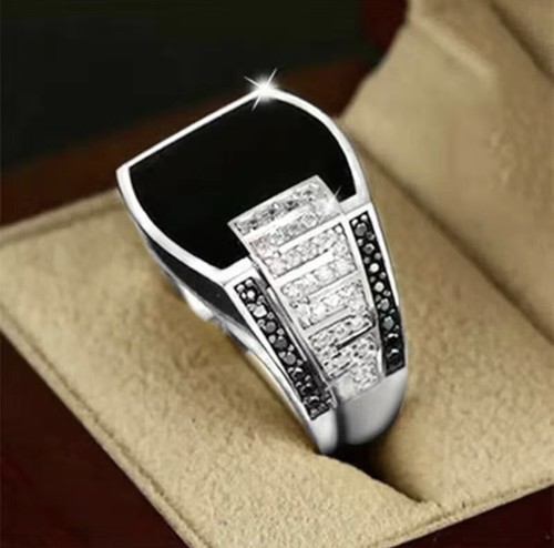 Fashion Men's Ring Vintage Inlaid Black Stone Zircon Punk Style Rings - Picture 14 of 15