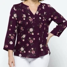 Monday Fun Kearney Dark Purple Boho Floral Henley Top Size Small