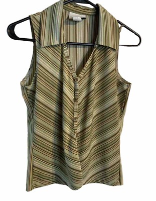 Vintage 90s Retro Fashion Bug Striped Faux Button Blouse Dress Top Green Small