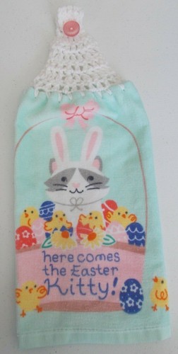 Crochet Top HERE COMES EASTER KITTY Print Kitchen Cotton Towel