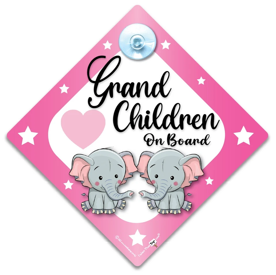IWANTTHATSIGN.COM Grandchildren On Board Sign, Pink Elephant Baby on Board Sign, Baby Car Sign