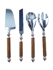 Set of Four 12" L Stainless Steel Salad and Cake Servers Gold Beaded Handles