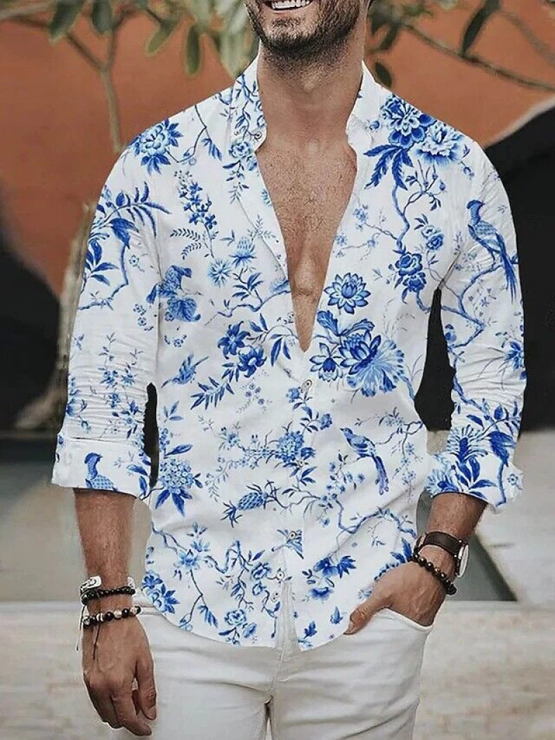 Mens Ink Painting Hawaii Button Down Shirts Long Sleeve Casual
