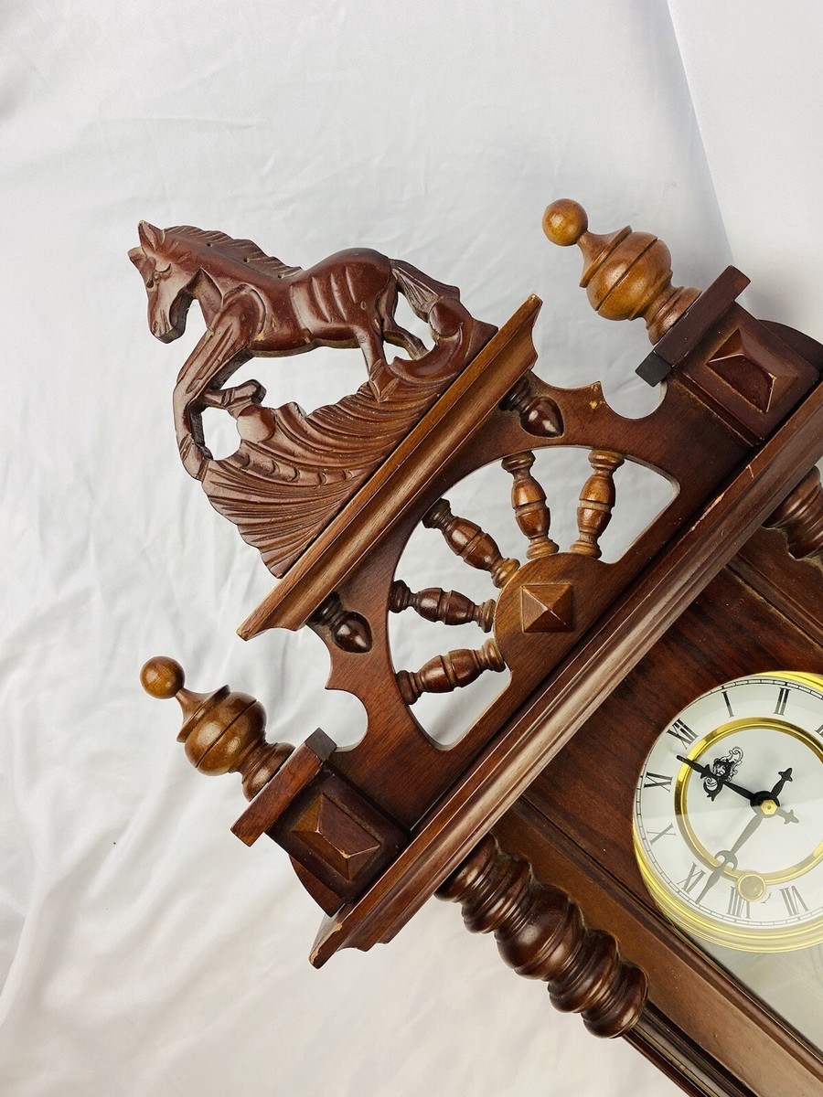 Vintage Regulator Wall Clock W/ Horse - Western Prop Walnut Wood R