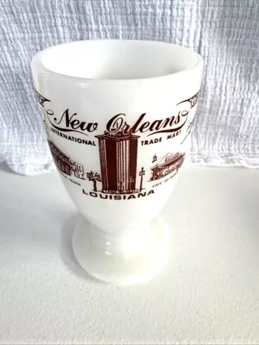 Vintage New Orleans Souvenir Coffee Mug, White W/Red Milk Glass Pedestal  Cup