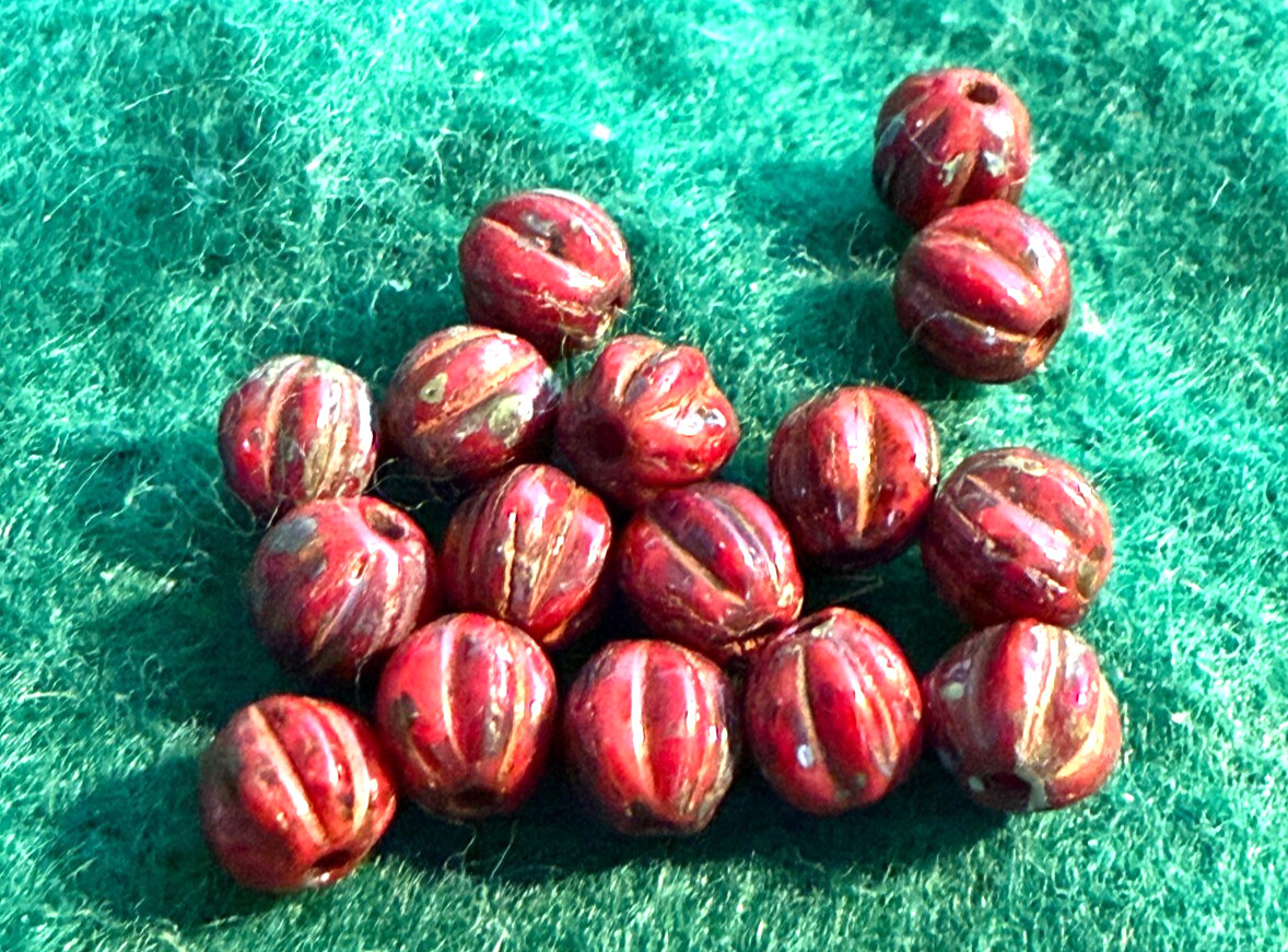 (10) Huron Indian Red Jasper Color Melon Glass Indian Trade Bead Fur Trade 1800s