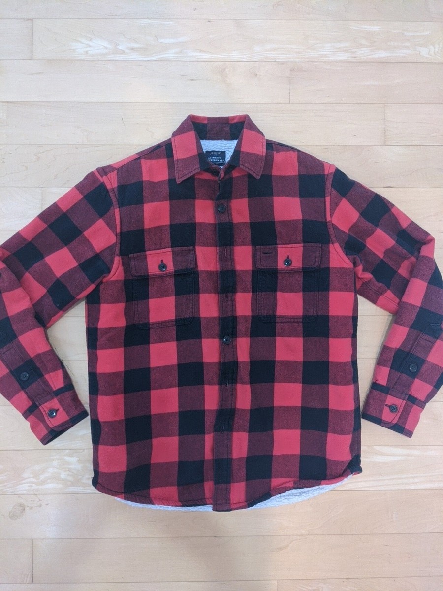 J Crew Buffalo Plaid Sherpa Lined Flannel Shirt Jacket Men's Small Red Black