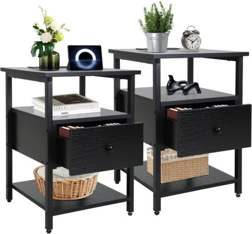 Nightstand End Table Bedside Table Drawer Bedside Furniture w/Charging, 2 pack