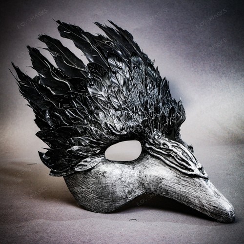 Grey Black Feather Masquerade Mask Short Nose Bird Costume for Halloween Party - Picture 3 of 4