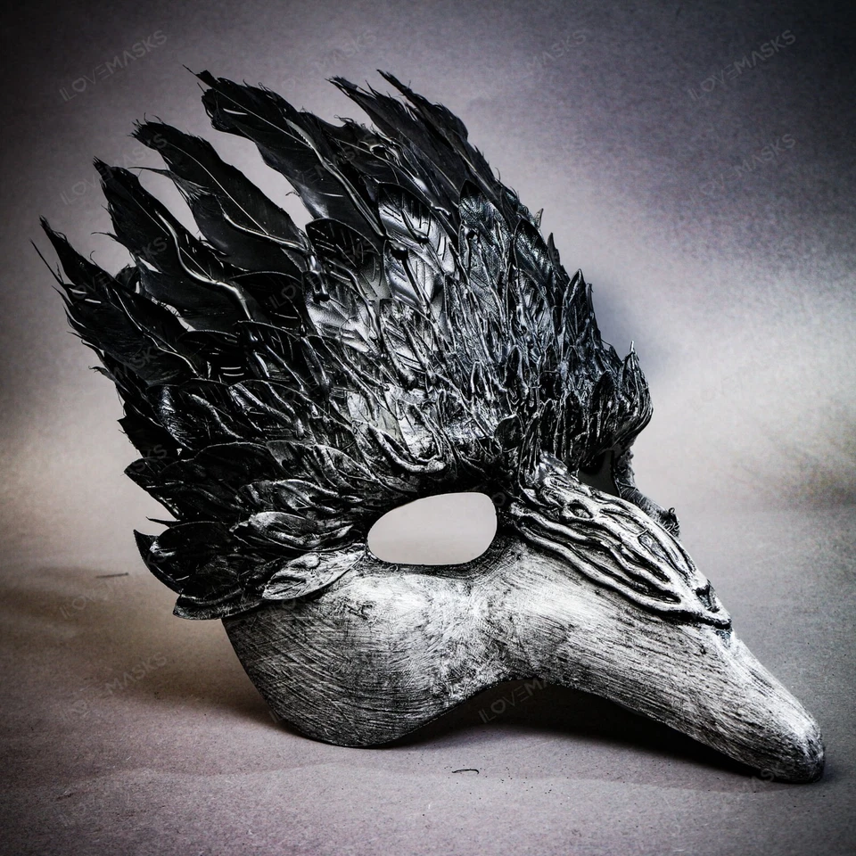 Grey Black Feather Masquerade Mask Short Nose Bird Costume for Halloween Party - Image 3 of 4
