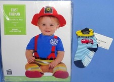 NEW Fireman costume-child 6-12 mo-NEW Firefighter socks-Jumpsuit-Hat-Dress up