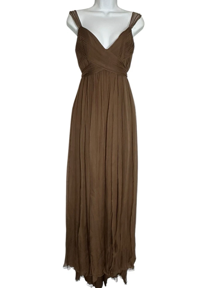 Monique Lhuillier Brown Sheer Silk Pleated Empire Waist Flowing Gown Maxi Dres 8 - Image 2 of 4