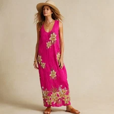 Vintage Y2k Pink Floral Lightweight maxi Lounge Pool Dress M/L