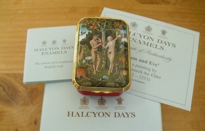 Boxed Ltd Ed Halcyon Days ''Adam and Eve'' - Lucas Cranach Emaille Box - 2 1/2''