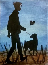 Original Dog Love Art 14x11 Canvas Silhouette Gift Wall Decor Painting