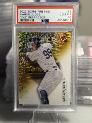 2022 Topps Pristine AARON JUDGE Encased Gold Refractor /50 SP #99 Jersey PSA 10