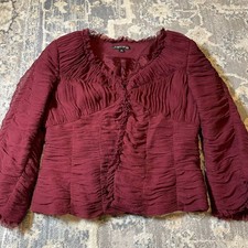 Albert Nipon Evening Burgundy 100% Silk Ruched Chiffon V-Neck Blouse