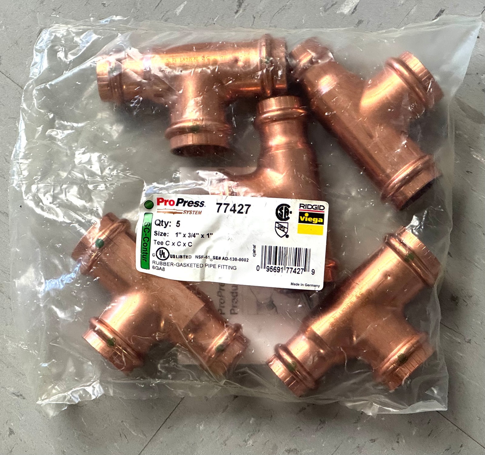 NEW Sealed 5-Pack Viega 77427 ProPress Copper 1" x 3/4" x 1" Tee C x C x C ~Fr.S