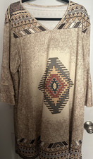 Aztec Geometric V-Neck Shift Dress 3/4 Bell Sleeve Polyester 2XL Beige