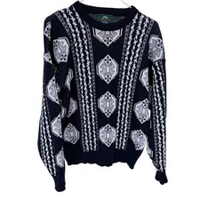 Vintage 90s Jantzen Knit Crewneck Sweater Medium Made in USA Navy Blue Pattern