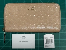 Coach Long Zip Around Wallet Signature Canvas Pebbled Leather Color - Gold/Oat