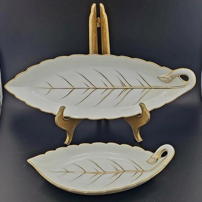 Set Hand Painted White Gold Trim Noritake Leaf Celery & Relish Dishes - Morimura