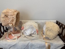 antique baby bonnets, silk, fine cotton and tated, minty