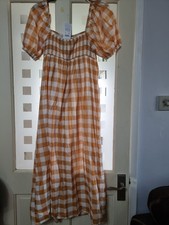 New Look Yellow White Gingham Cotton Check Square Neck Sun Dress UK Size 8