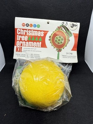Vtg NOS 1971 Walco Beaded Sequin Christmas Tree Ornament Kit 3178 Gold Flocked