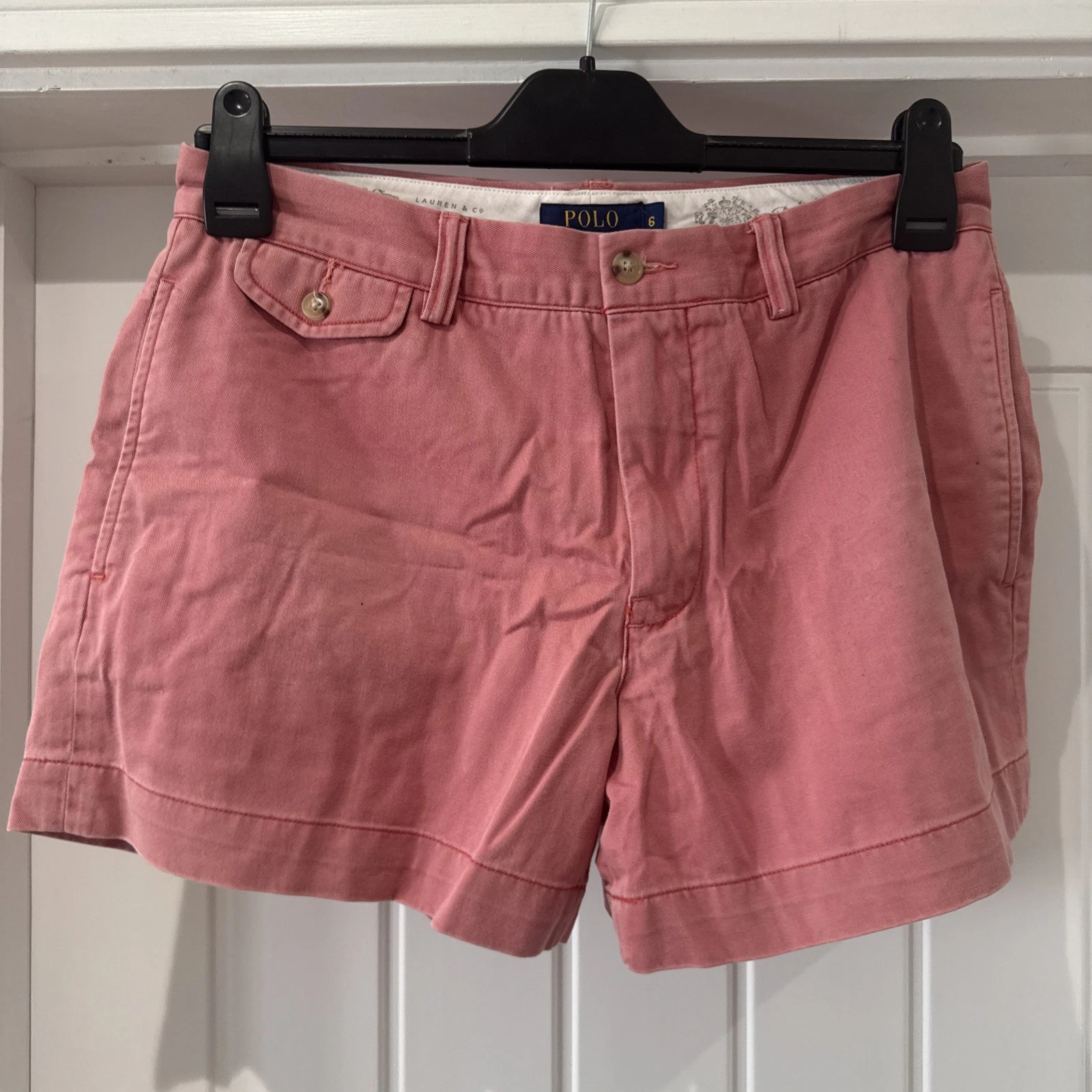 Ralph Lauren POLO shorts Salmon Pink Tailored Pockets Size 8-10 Uk 100% Cotton
