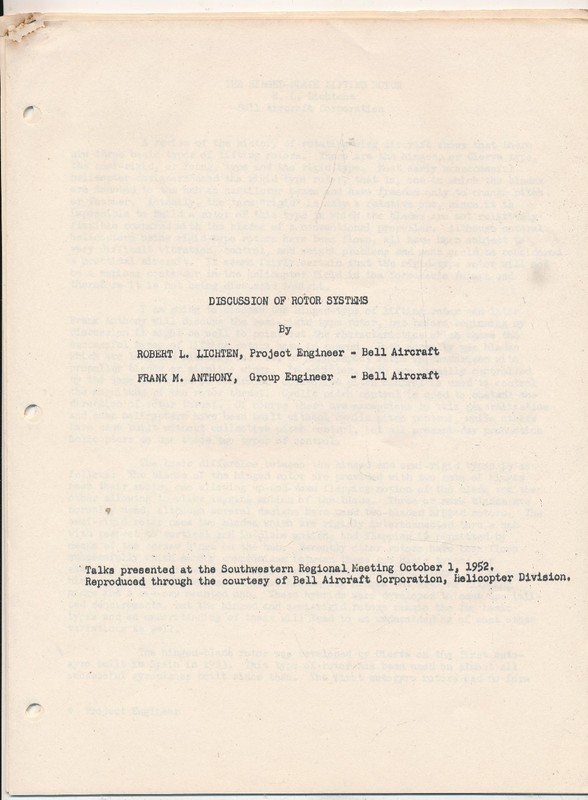1952 Bell Aircraft Helicopter Report Robert Lichten Hinged vs Semi-Rigid Rotor