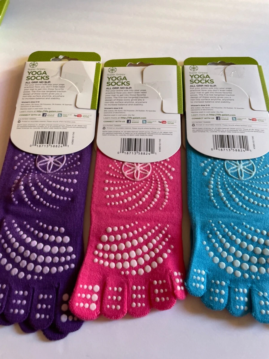 Gaiam Yoga Socks Toe SUPER Grippy Pink Purple Blue New Shoe size 5-10 B9