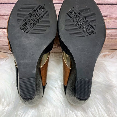 Seychelles Women’s Wedge Sandals Peep Toe Leather Shoes Black Brown Size 8 - Picture 5 of 5