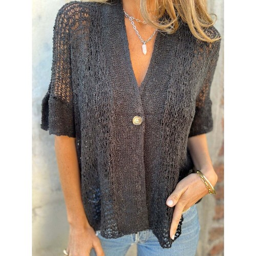 Women's medium-sleeved hollow-knit cardigan top - Picture 21 of 29