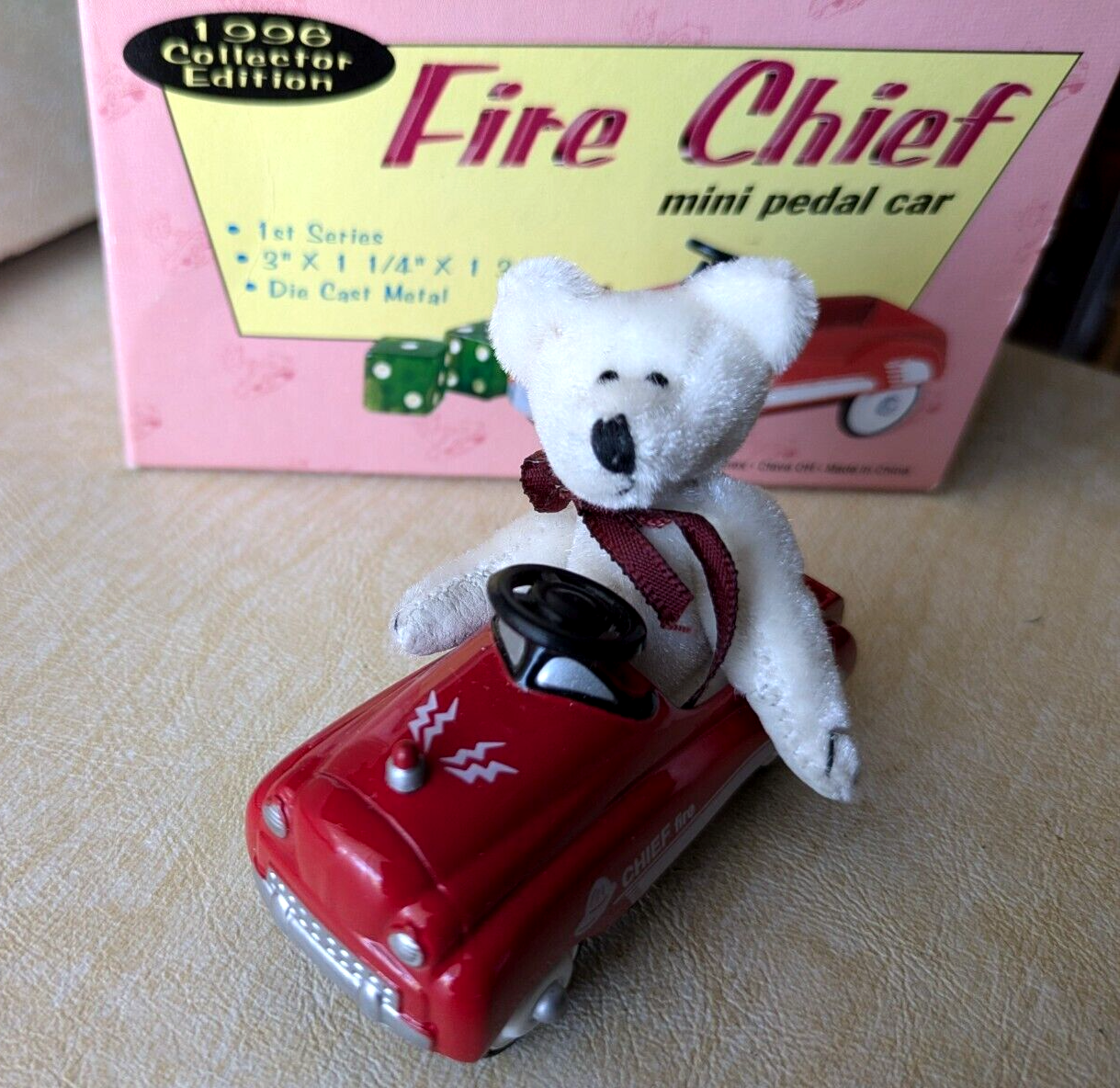 Vintage Teddy Bear Miniature Figurine in Xonex Fire Chief Pedal car 1996