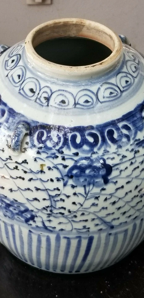 БОЛЬШОЙ СТАРИННЫЙ 19 c. QING синий и белый фарфор китайский винный горшок кувшин - Изображение 2 из 4