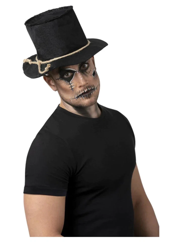 Jute Vogelscheuche Top Hut Schwarz mit Seil Erwachsene Halloween Kostüm Herren - Bild 1 von 1