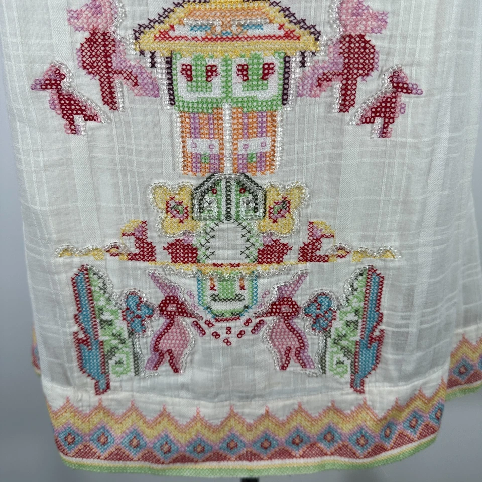 Y2K Da-Nang 白色波西米亚无袖棉刺绣串珠换装连衣裙 S 码 — 第 4/4 张图片