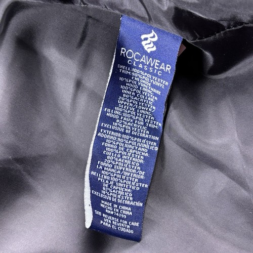 Abrigo acolchado Rocawear para mujer mediano negro largo cinturón elástico capucha de piel extraíble - Imagen 14 de 15