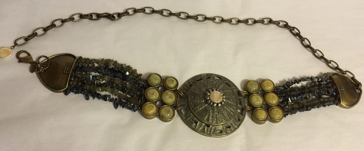 NWOT Chico’s Beaded Medallion Chain Adjustable Belt OSFM *see pic missing 2 bead Chain Belt, Beaded With Blue, White, Clear Art Glass Beads  main image 4