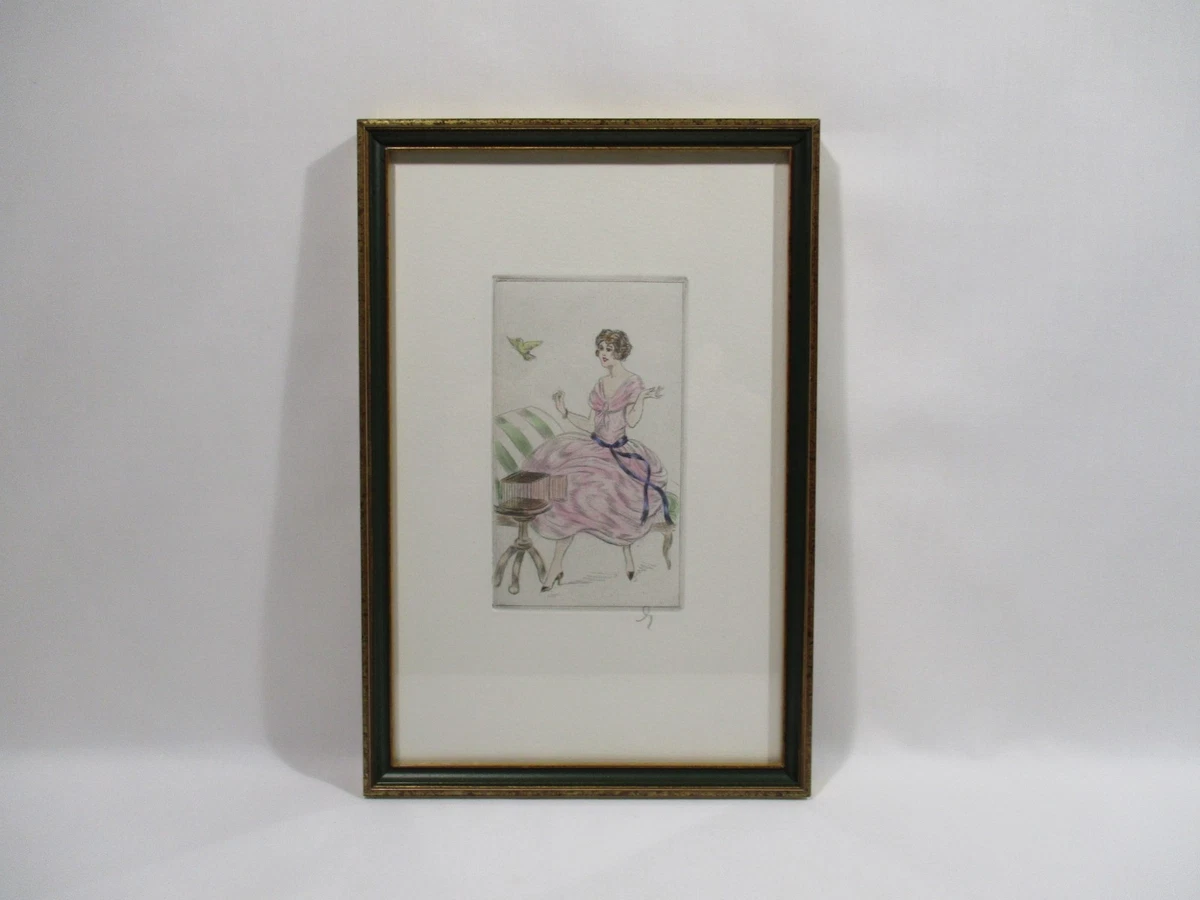 Gravure Ancienne - Scène Galante Romantique - Personnages 20x26 Cm - Encadrée