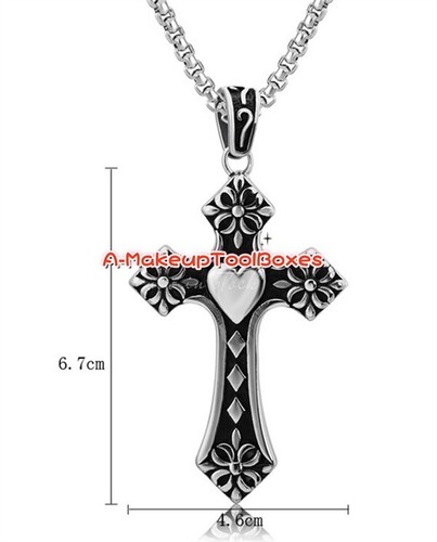 Mens Womens Stainless Steel Love Heart Cross Pendant Chain 60/70CM Necklace J763 - Picture 3 of 3