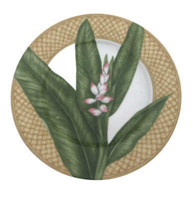 222 Fifth Dinner Plate Rain Forest Porcelain Wicker Rim Green Leaves 10 5/8