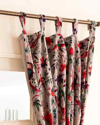 Gray Color Bird Print Velvet Curtain, Boho Curtain, luxury Drapes Window Curtain