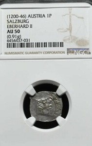  Eberhard II  1200-1246 AD. Austria Salzburg. Silver Pfenning, NGC AU50. Rare