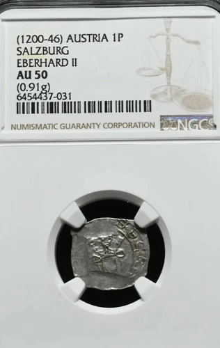  Eberhard II  1200-1246 AD. Austria Salzburg. Silver Pfenning, NGC AU50. Rare