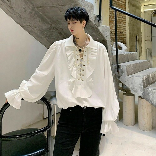 Mens Medieval Pirate Lace Up Ruffle Collared Tshirt Puff Sleeve Tops