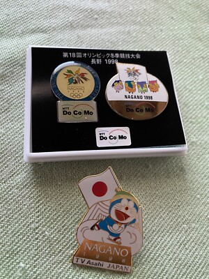 Nagano Olympic 1998 TV Asahi Doraemon Pin Badge from Japan & Do Co Mo Set!