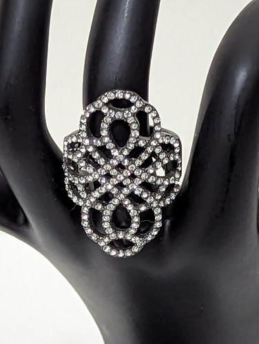 Oversized Fashion Rhinestone Oval Silver Statement Cocktail Stretch Ring - Picture 2 of 6