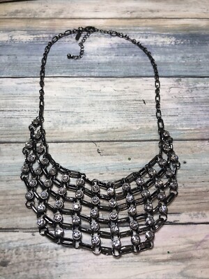 GunMetal Black Bib Statement 22'' Necklace Rhinestones Mesh Flexi NWOT